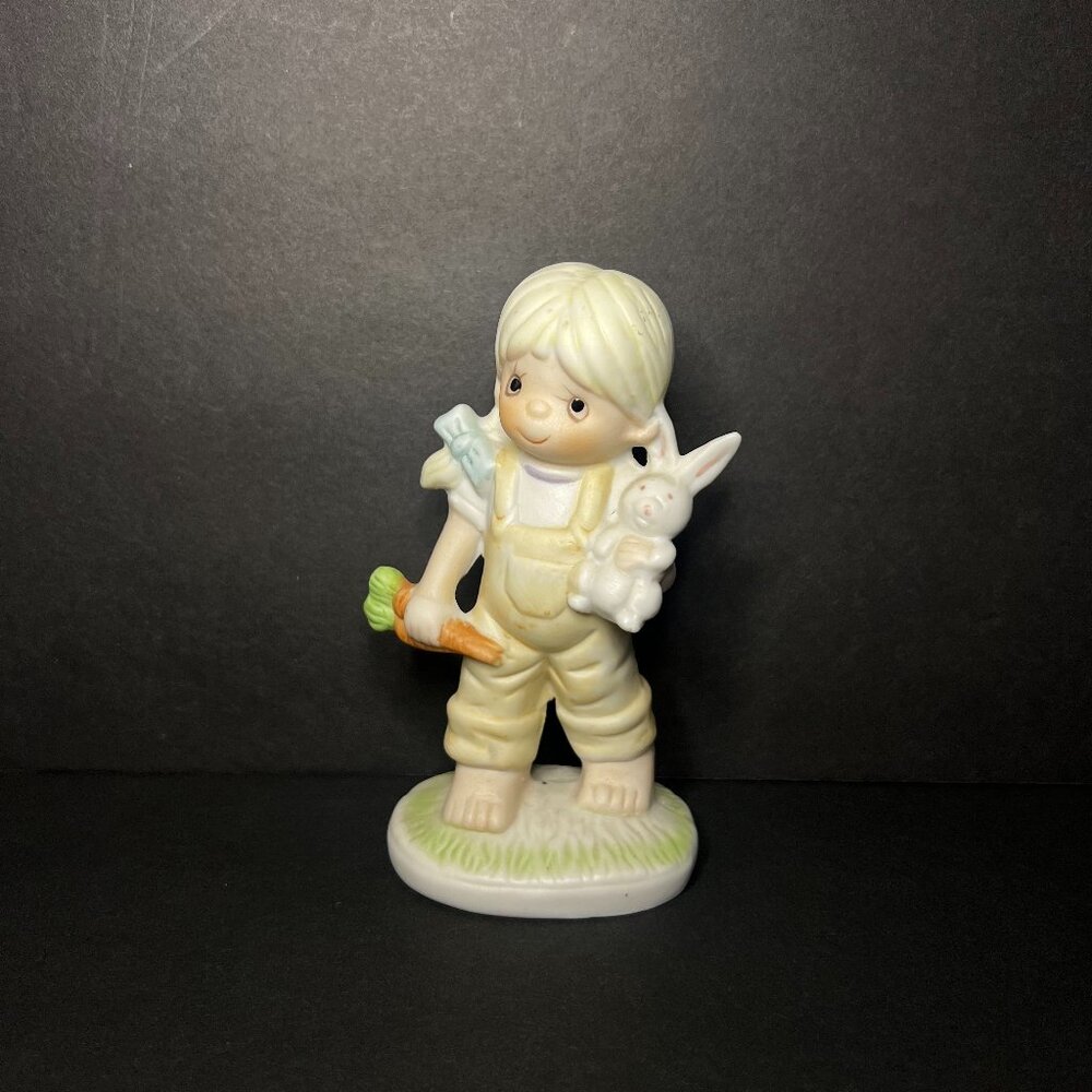 Vintage UCGC Matte Ceramic Bisque Girl w/ Rabbit & Carrot Easter Figure 4.75"